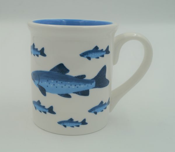 photo of Round 14 oz. Earthenware Mug with Blue Fish design with coordinating interior color