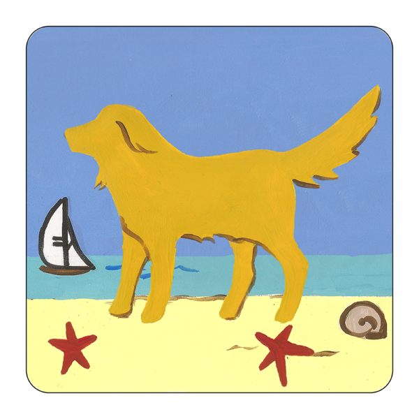 graphic of 4 Piece Earthenwear Coaster Set with yellow dog at beach design